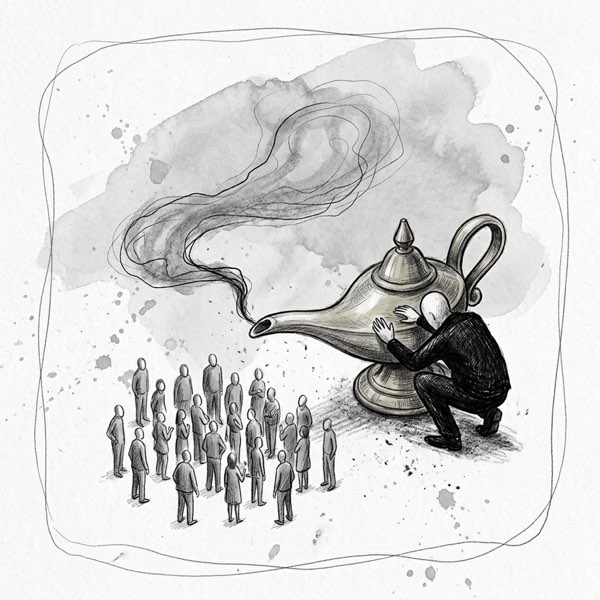 Un uomo strofina una lampada magica da cui esce un fumo che si allarga sopra una folla.