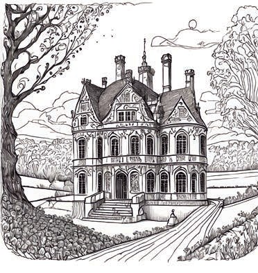 Illustrazione a china di una villa vittoriana nella campagna inglese.