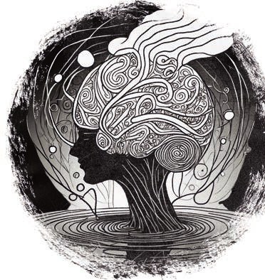 Illustrazione di un profilo umano con il cervello che si dissolve in spirali e onde.