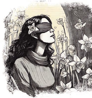 Illustrazione di una donna bendata tra fiori di narciso.