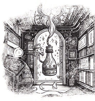 Illustrazione di una lampada magica da cui esce un filo di fumo, in una stanza piena di libri.