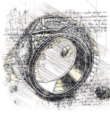 Schizzo di un anello metallico sfaccettato su fondo di appunti e diagrammi.