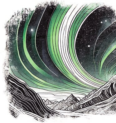 Illustrazione di un'aurora boreale verde sopra le montagne.