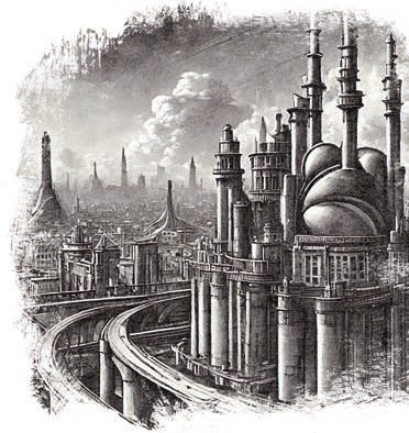 Illustrazione di una città futuristica di torri e cupole attraversata da una strada sopraelevata.