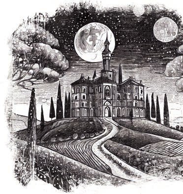Illustrazione notturna di un borgo toscano su una collina, con la luna piena.